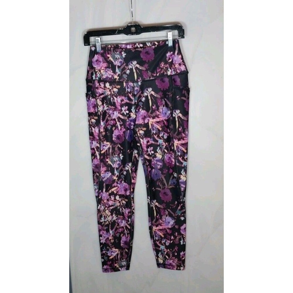 RBX Floral Leggings Womens M Black Purple Pink Cropped High Rise Pocket Yoga Gym